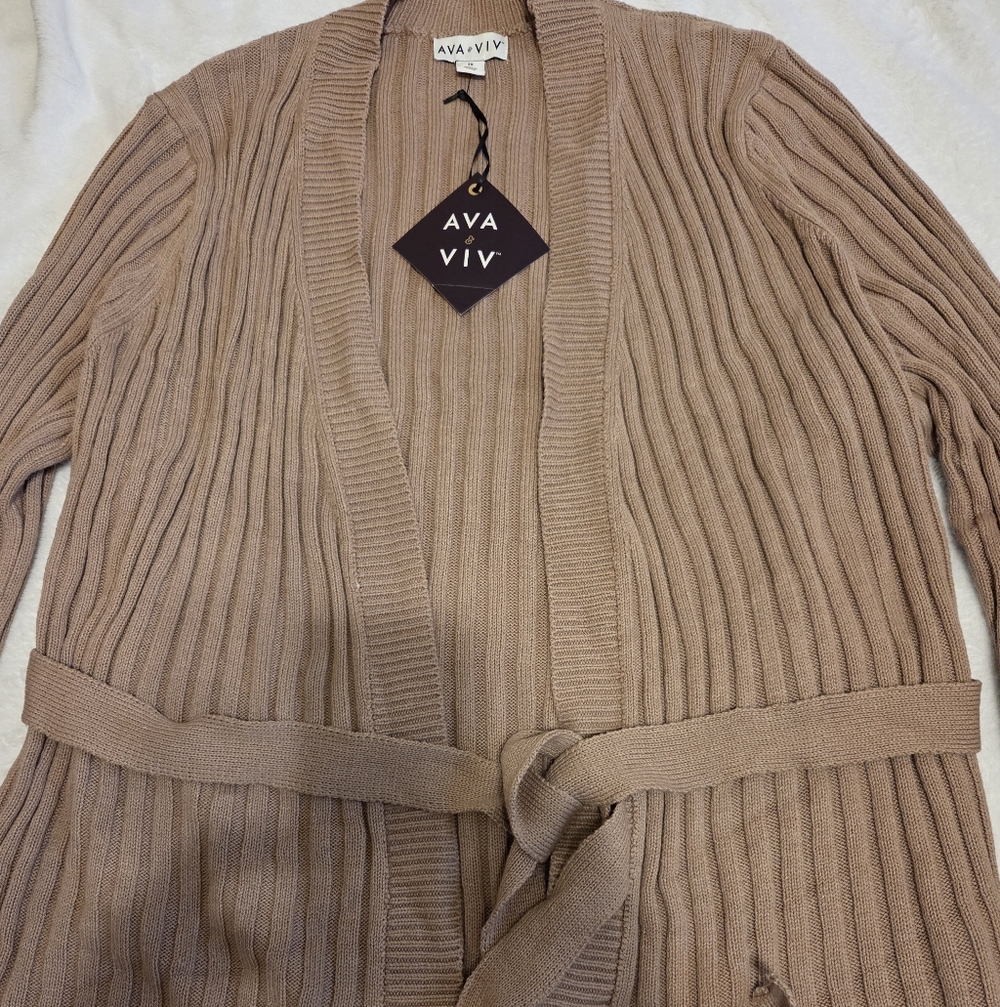 Ava & Viv Ribbed Belted Cardigan - Taupe